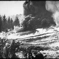 French soldiers making a gas and flame attack on German trenches in World War I