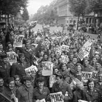 Allied military personnel in Paris celebrating V-J Day, End of World War II