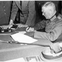 Field Marshall Wilhelm Keitel signs the final surrender terms, Victory in Europe
