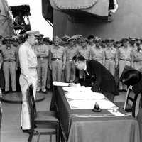 Japanese foreign affairs minister signing Japanese Surrender of World War II