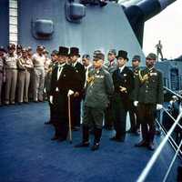 The Japanese representatives aboard the USS Missouri signing Surrender Document
