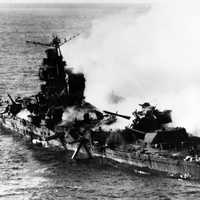 Mikuma shortly before sinking during Battle of Midway, World War II