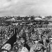 U.S. Marine reinforcements wade ashore in Okinawa, World War II