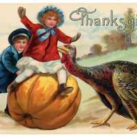 Thanksgiving Postcard with Pumpkin and Turkey with boy on top