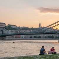 Dusk by the Buda Castle Hill and the Chain Bridge in Budapest, Hungary