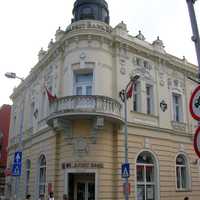 Downtown street corner and building in Zalaegerszeg, Hungary