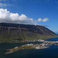 Landscape of Town of Ísafjörður near the ocean in Iceland