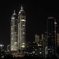 Night skyscrapers with lights in Mumbai, India