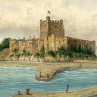 Castle and dock of Carrickfergus in 1830 in Ireland