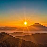 Sunrise over the Mount Fuji in the mountain landscape, Japan