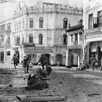 Japanese troops advancing up High Street in 1941 in Kuala Lumpur, Malaysia