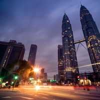 Night time view of Petronas Twin Towers in Kuala Lumpur, Malaysia