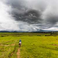 Plains landscape with storm clouds with horse rider 