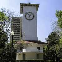 Clock tower at western edge of Parque Lincoln in Mexico City