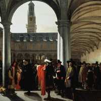 Courtyard of Amsterdam Stock Exchange in 1653 in the Netherlands