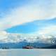 Sea and landscape off the coast in Papa New Guinea with US Transport ship