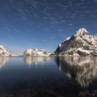 Star Trails with mountains and water in Norway