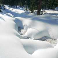 Frozen creek in deep snow