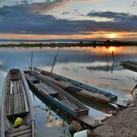 Landscape of the lake with canoe and sky