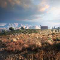 Landscape with house and mountains in the west