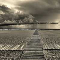 Monochrome sand beach landscape with boardwalk