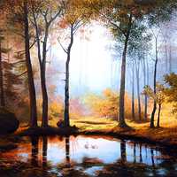 Painting of forest and pond