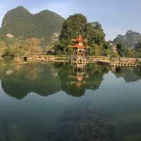 Peaceful lake landscape with temple