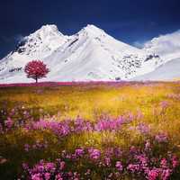 Snow capped mountains beyond the meadows