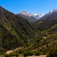 Snow capped peaks and mountain landscape