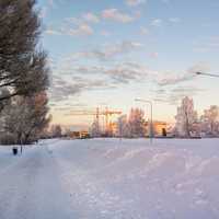 Snowy path landscape under the sky in winter