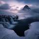 Winter snow landscape with mountains and fog