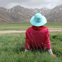 Women sitting on grass looking at landscape