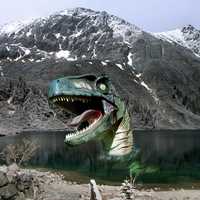 Dinosaur coming out of the lake with mountain in the background