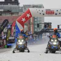 Snow Mobile Racers at the opening ceremony of the dog sled race