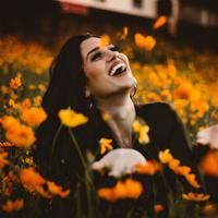 Woman Laughing in orange flowers