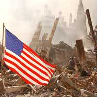 World trade Center Ruins with American Flag