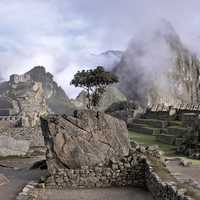 Ruins close-up and view of the temples in Machu Picchu, Peru