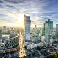 Bright sun over the city of Warsaw, Poland