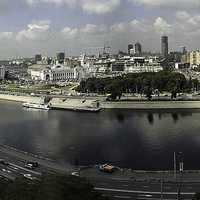 Panoramic of the Moskva River and buildings in Moscow, Russia