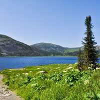 Lake, hills, and field landscape in Russia