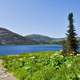 Lake, hills, and field landscape in Russia