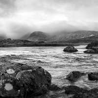 A pool of water in Scotland in black and white