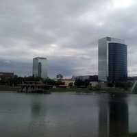 Kuchajda Lake and skyline in Bratislava, Slovakia