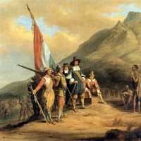Arrival of Jan van Riebeeck in Table Bay in Cape Town, South Africa