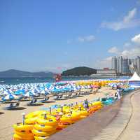 Beach with inner tubes and umbrellas in Busan, South Korea