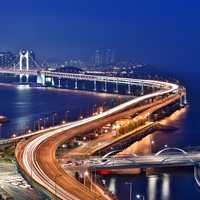Gwangan Bridge at nights lighted up in Busan, South Korea