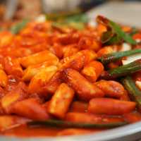 Tteokbokki, rice cakes with spicy gochujang sauce in South Korea