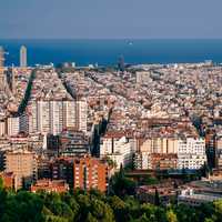 Cityscape view with ocean and buildings in Barcelona