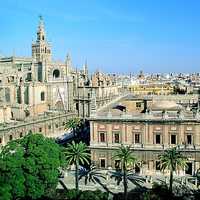 View over the Cathedral and Archivo de Indias in Seville, Spain