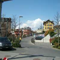 Montreux railway station and road in town in Switzerland